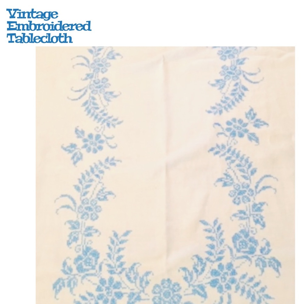 Vintage White Linen Tablecloth-Robin’s Egg Blue Cross-Stitch Floral, LARGE🤍💙